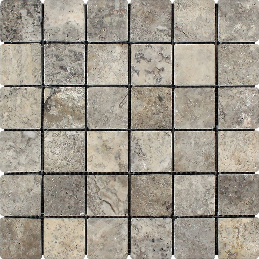 2 x 2 Tumbled Silver Travertine Mosaic Tile Sample - Tilephile