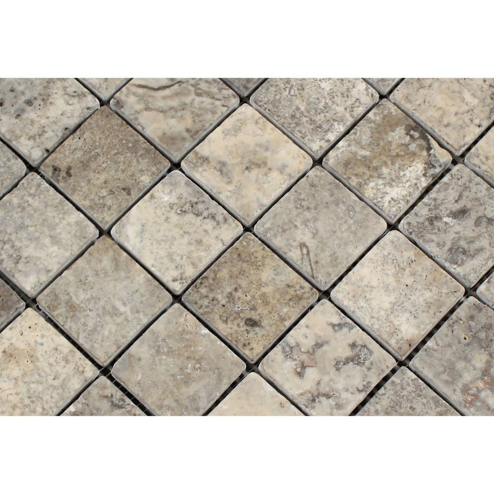 2 x 2 Tumbled Silver Travertine Mosaic Tile - Tilephile