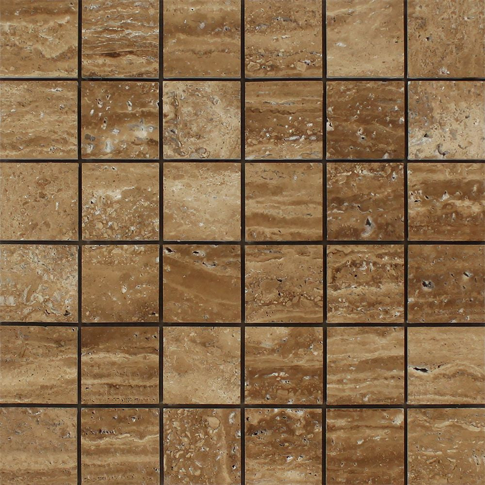 2 x 2 Unfilled, Brushed Noce Exotic (Vein-Cut) Travertine Mosaic Tile - Tilephile