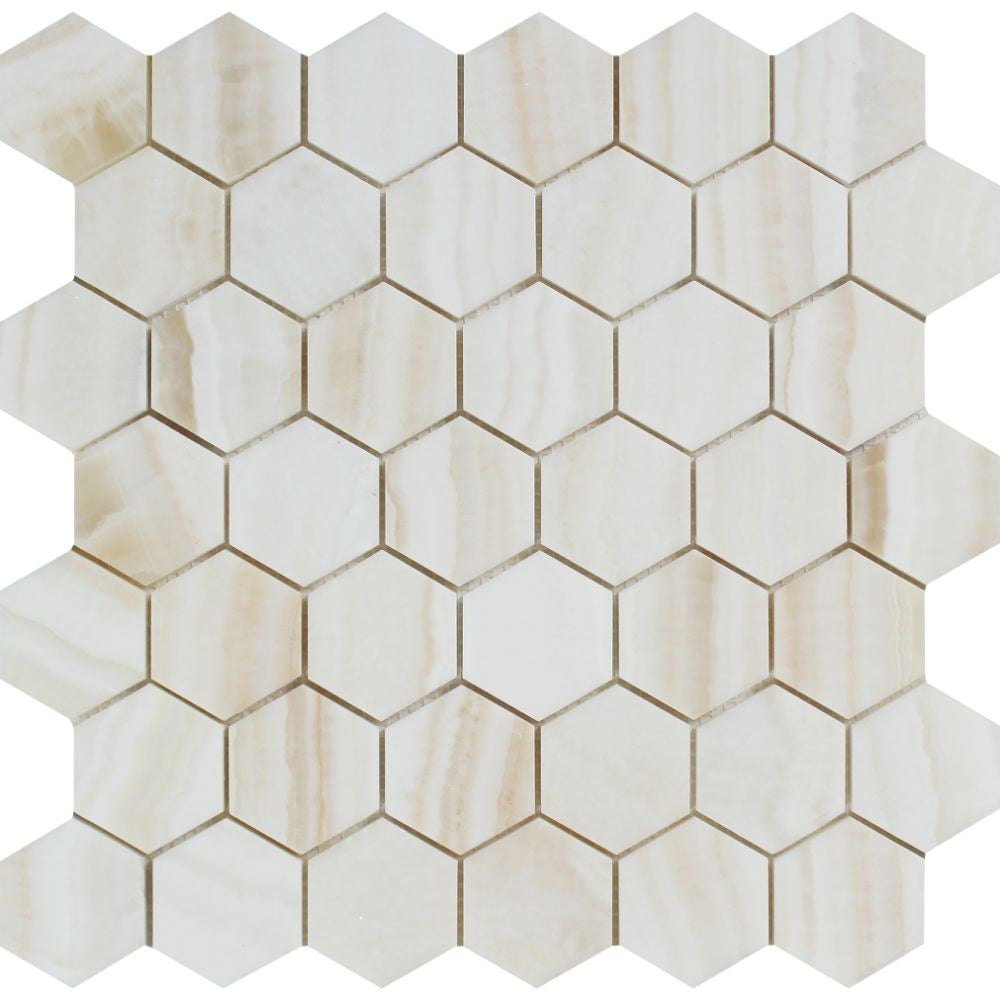 2 x 2 White Onyx Polished Hexagon Mosaic Tile - (Vein-Cut) - Tilephile