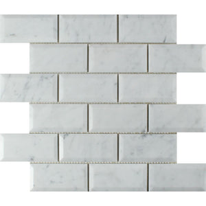2 x 4 Honed Bianco Carrara Marble Deep-Beveled Brick Mosaic Tile - Tilephile