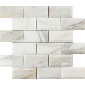 2 x 4 Honed Calacatta Gold Marble Deep-Beveled Brick Mosaic Tile - Tilephile