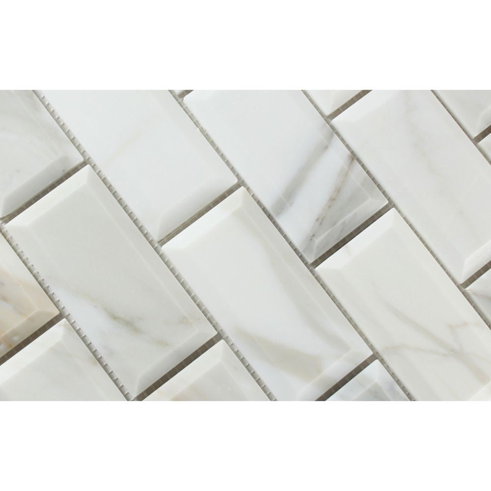 2 x 4 Honed Calacatta Gold Marble Deep-Beveled Brick Mosaic Tile - Tilephile