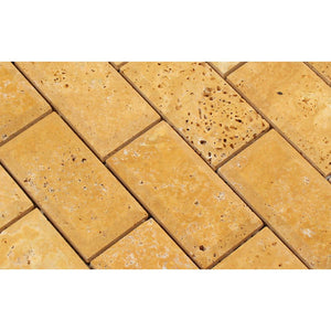 2 x 4 Honed Gold Travertine Deep-Beveled Brick Mosaic Tile - Tilephile
