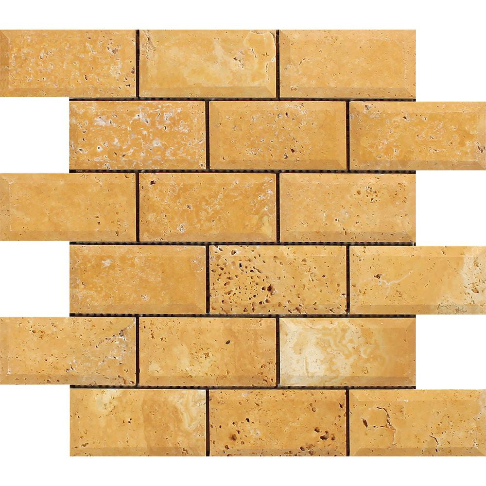 2 x 4 Honed Gold Travertine Deep-Beveled Brick Mosaic Tile - Tilephile