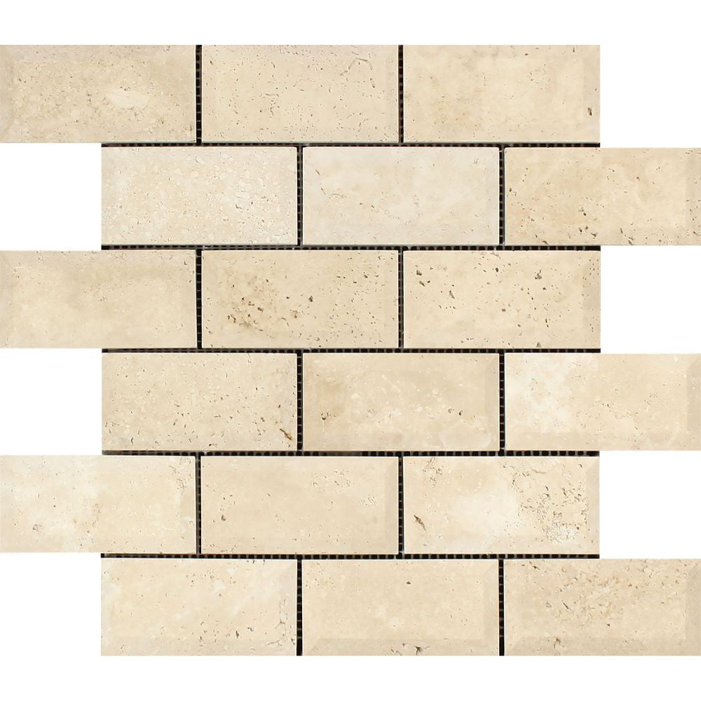 2 x 4 Honed Ivory TravertineDeep-Beveled Brick Mosaic Tile Sample - Tilephile