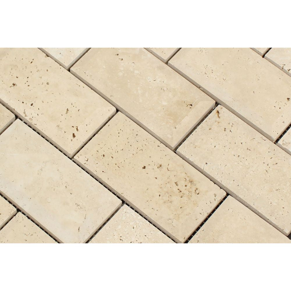 2 x 4 Honed Ivory Travertine Deep-Beveled Brick Mosaic Tile - Tilephile