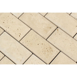 2 x 4 Honed Ivory Travertine Deep-Beveled Brick Mosaic Tile - Tilephile