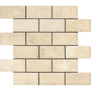 2 x 4 Honed Ivory Travertine Deep-Beveled Brick Mosaic Tile - Tilephile