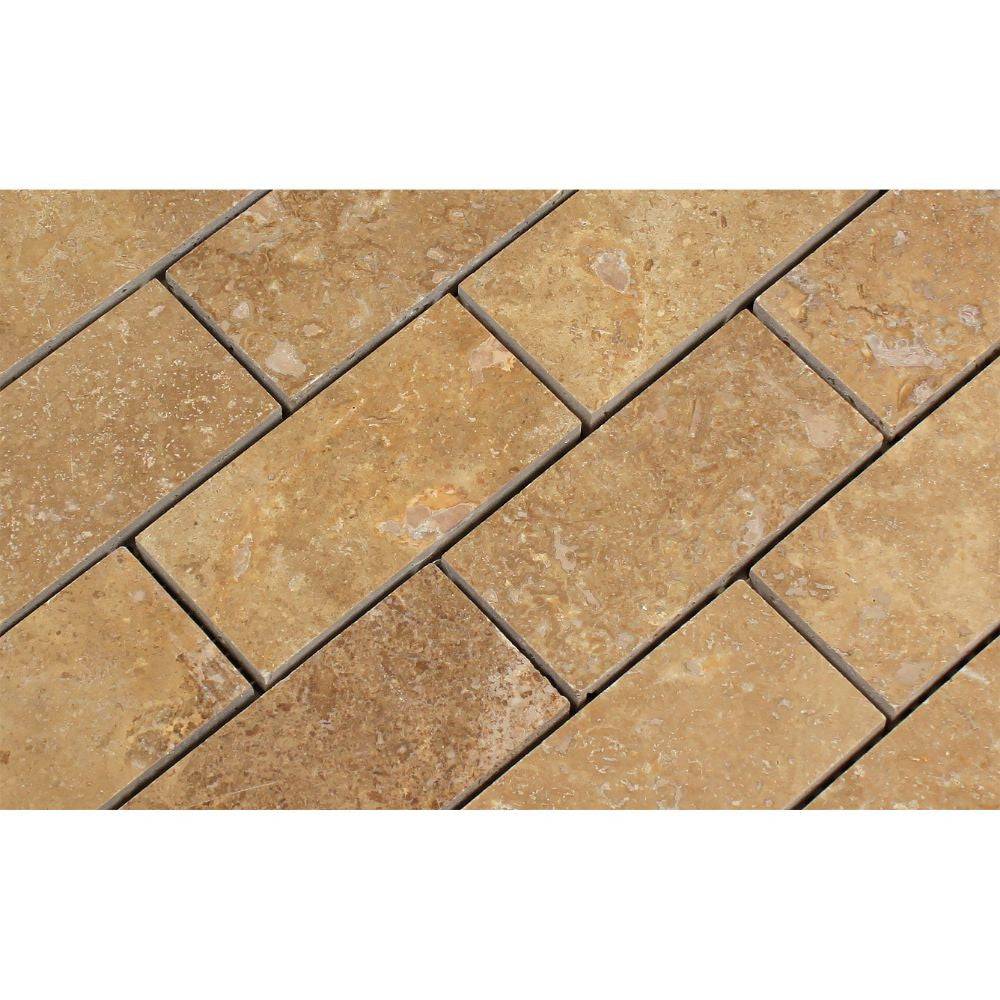2 x 4 Honed Noce Travertine Brick Mosaic Tile - Tilephile