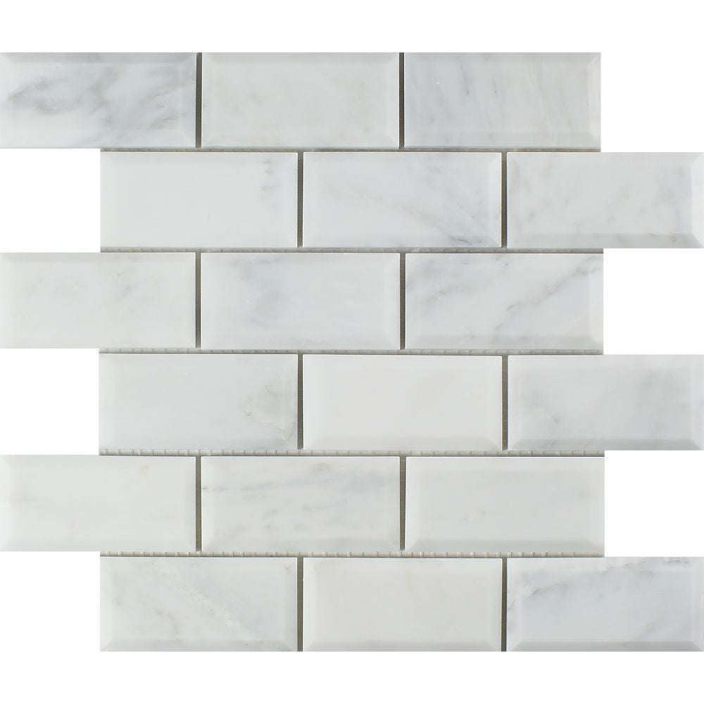 2 x 4 Honed Oriental White Marble Deep-Beveled Brick Mosaic Tile - Tilephile