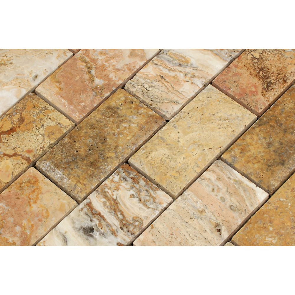 2 x 4  Honed Scabos Travertine Deep-Beveled Brick Mosaic Tile - Tilephile