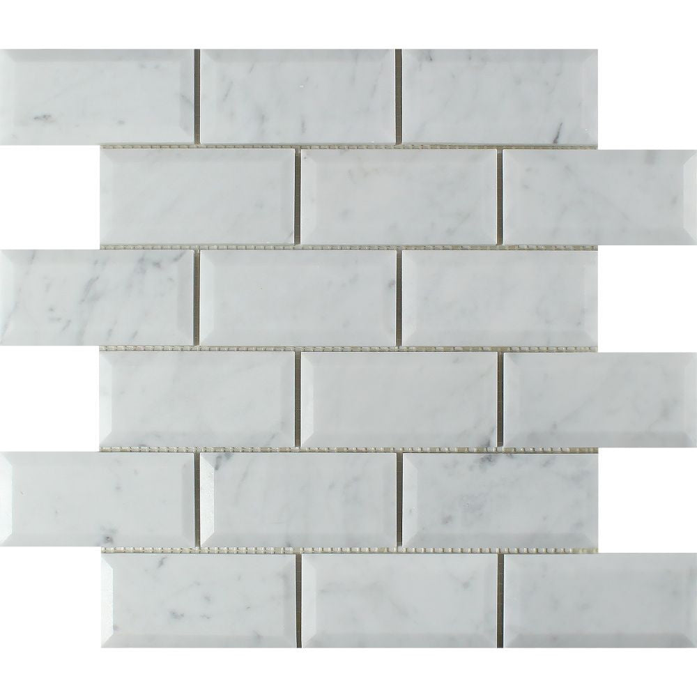 2 x 4 Polished Bianco Carrara Marble Deep-Beveled Brick Mosaic Tile - Tilephile