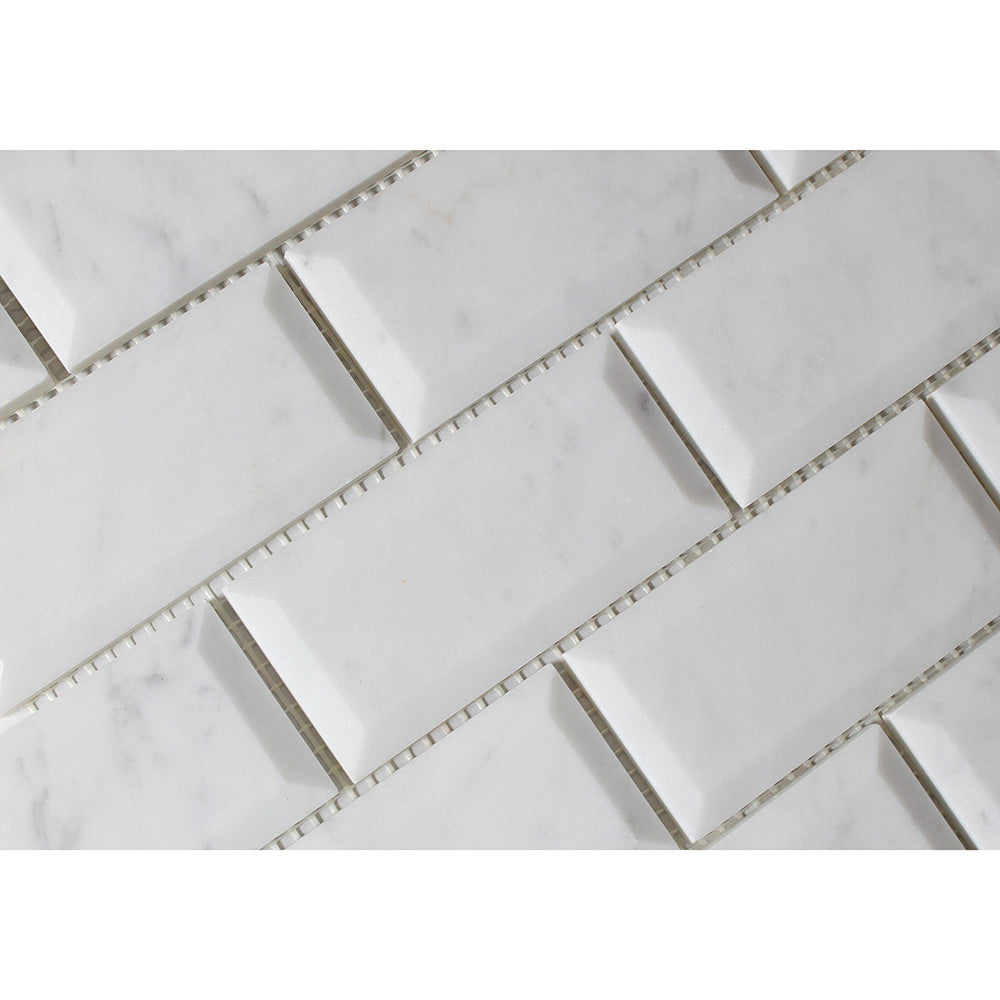 2 x 4 Polished Bianco Carrara Marble Deep-Beveled Brick Mosaic Tile - Tilephile