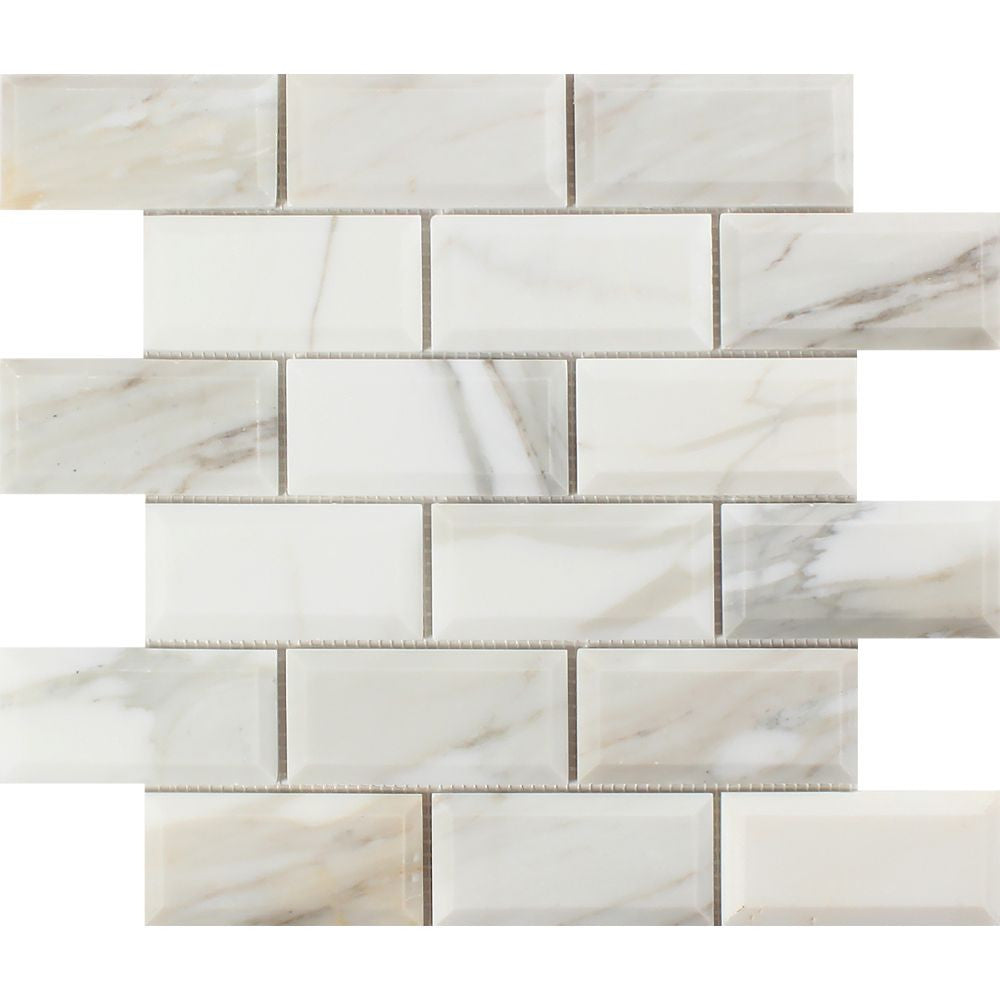 2 x 4 Polished Calacatta Gold Marble Deep-Beveled Brick Mosaic Tile - Tilephile