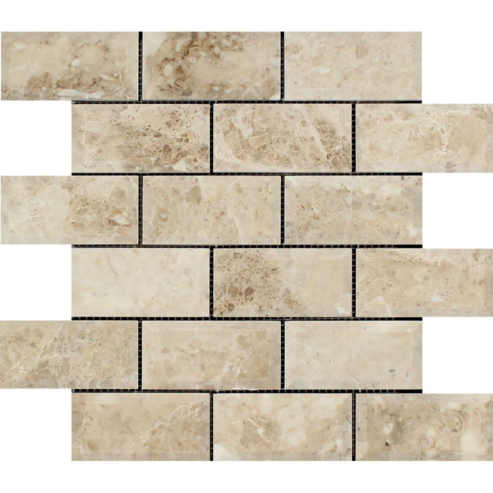 2 x 4 Polished Cappuccino Marble Deep-Beveled Brick Mosaic Tile - Tilephile