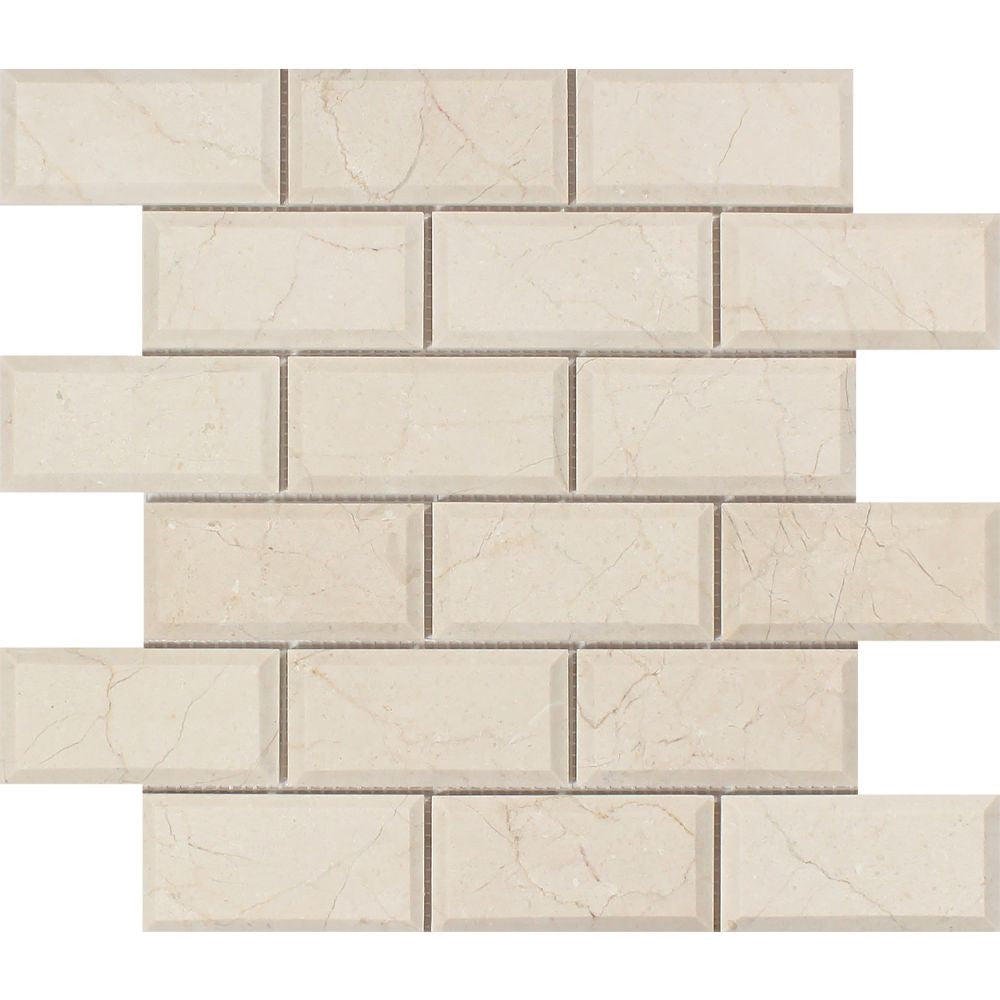 2 x 4 Polished Crema Marfil Marble Deep-Beveled Brick Mosaic Tile - Tilephile
