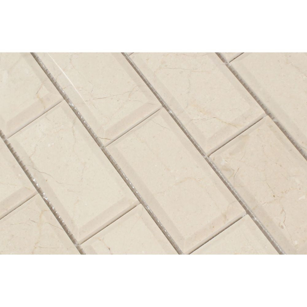 2 x 4 Polished Crema Marfil Marble Deep-Beveled Brick Mosaic Tile - Tilephile
