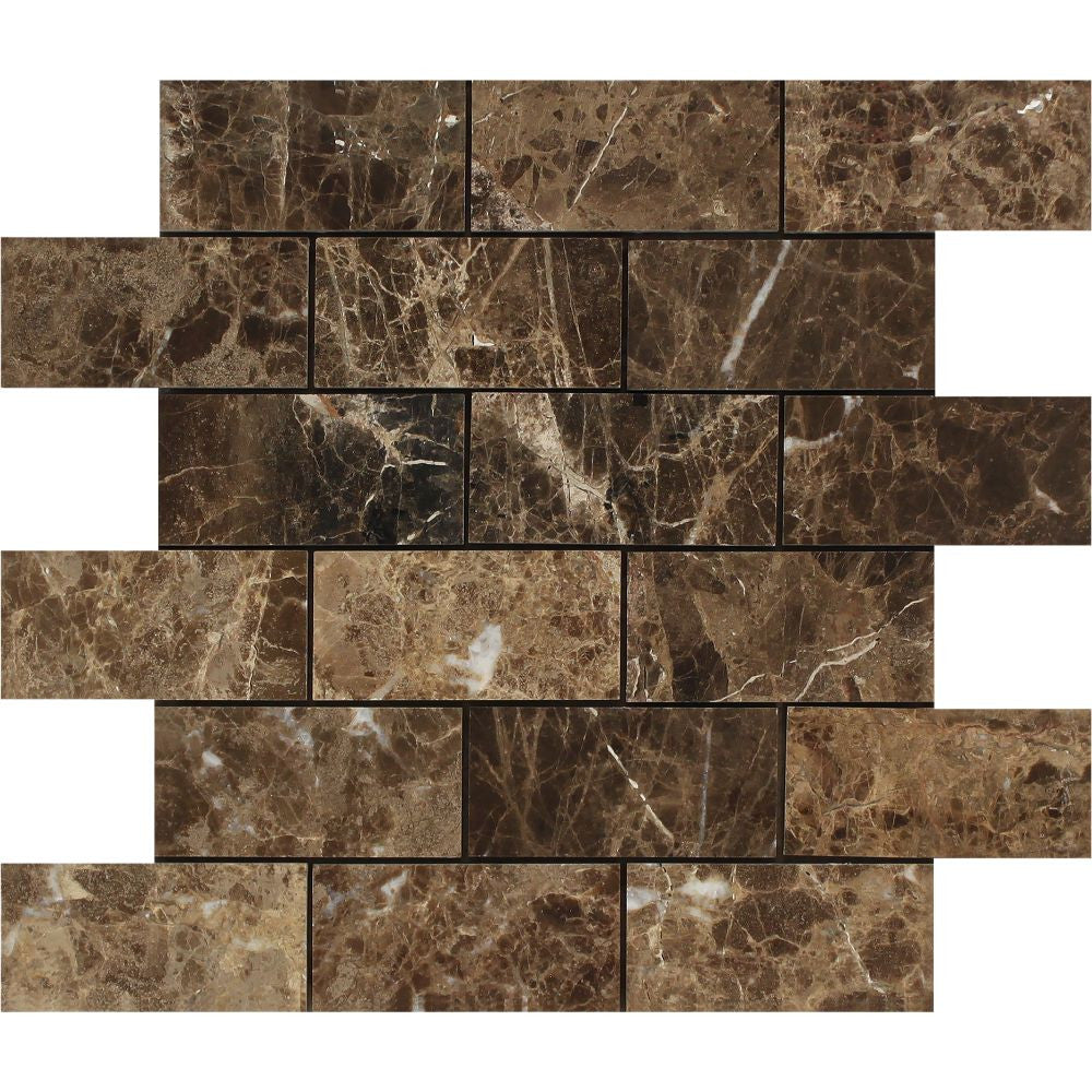 2 x 4 Polished Emperador Dark Marble Brick Mosaic Tile - Tilephile