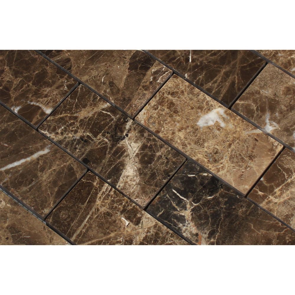 2 x 4 Polished Emperador Dark Marble Brick Mosaic Tile - Tilephile