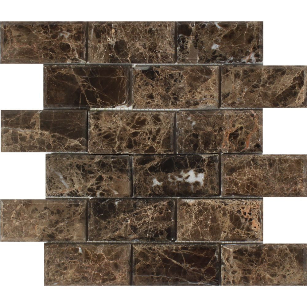2 x 4 Polished Emperador Dark Marble Deep-Beveled Brick Mosaic Tile Sample - Tilephile