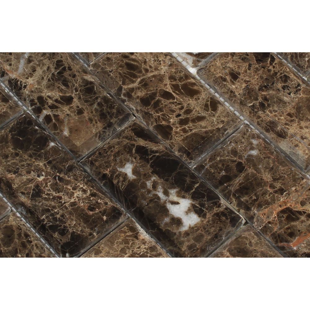 2 x 4 Polished Emperador Dark Marble Deep-Beveled Brick Mosaic Tile - Tilephile