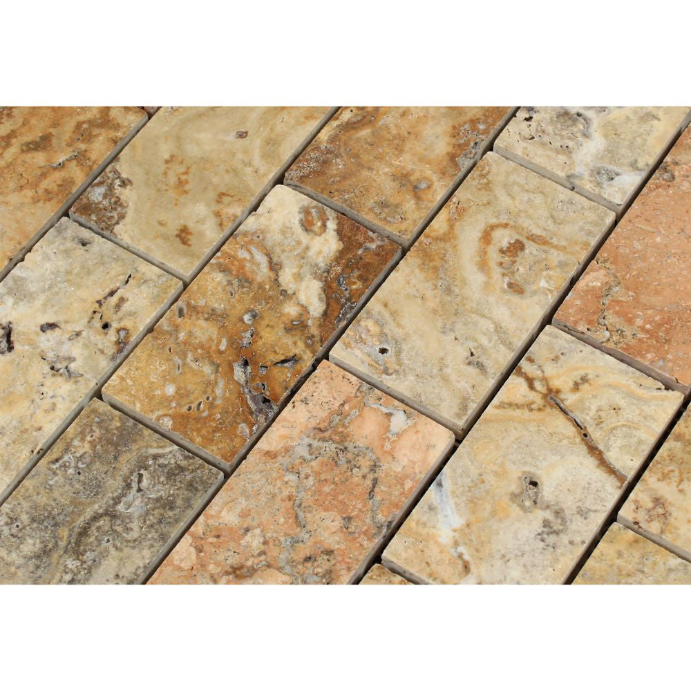 2 x 4 Polished Scabos Travertine Brick Mosaic Tile - Tilephile
