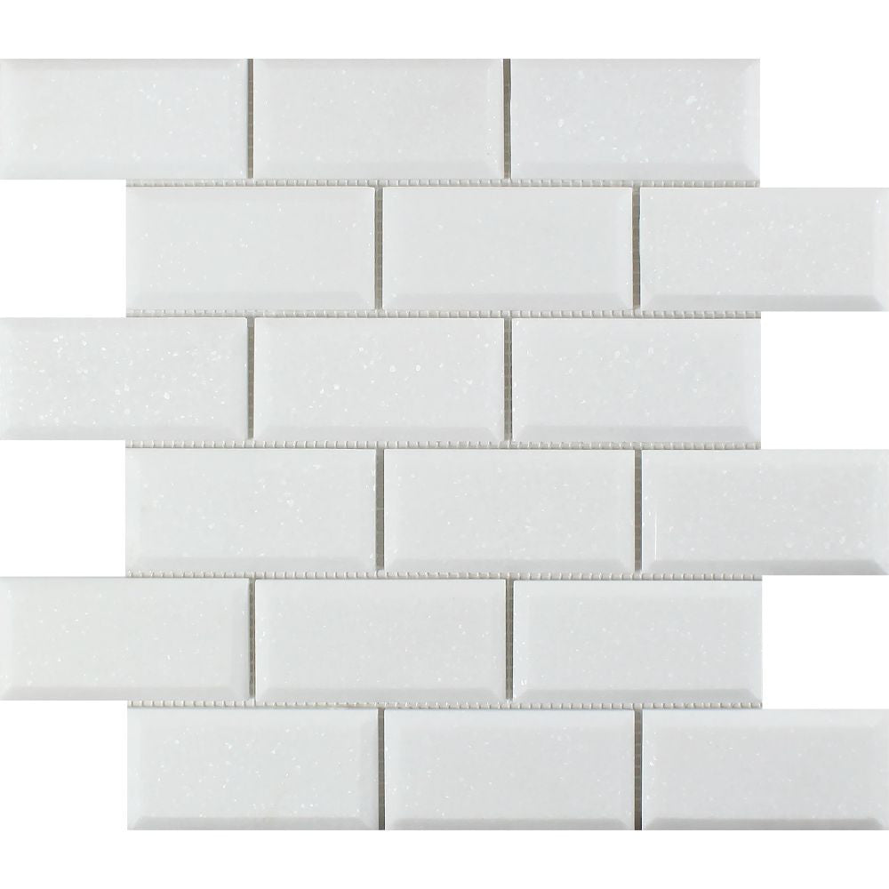 2 x 4 Polished Thassos White Marble Deep-Beveled Brick Mosaic Tile - Tilephile