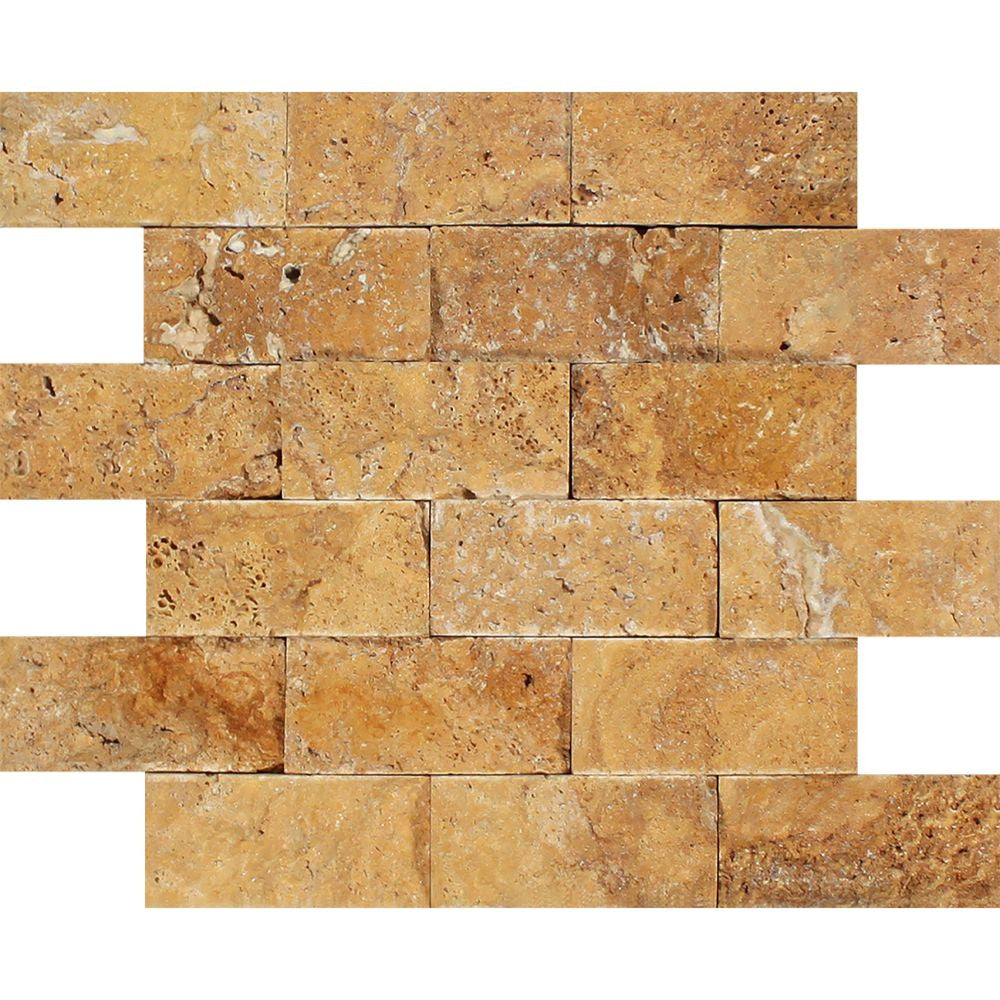 2 x 4 Split-faced Gold Travertine Brick Mosaic Tile Sample - Tilephile