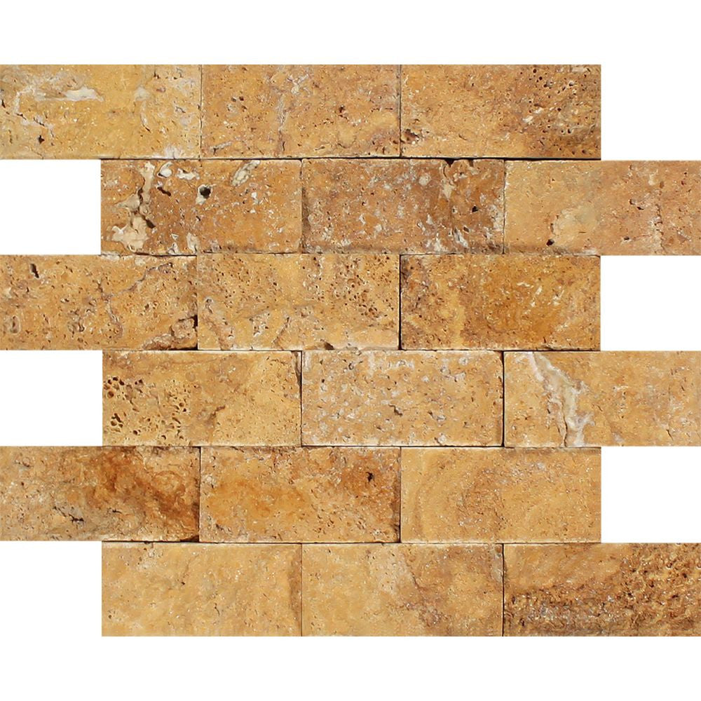 2 x 4 Split-faced Gold Travertine Brick Mosaic Tile - Tilephile