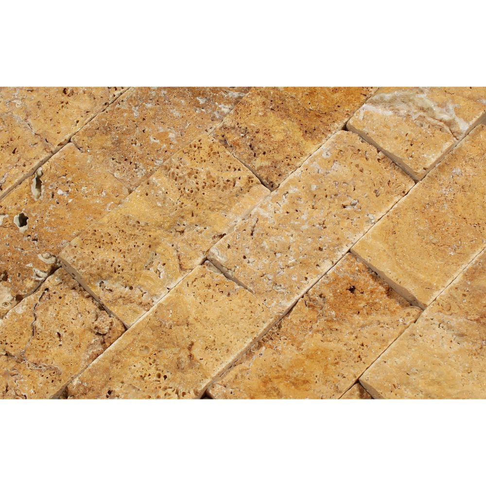 2 x 4 Split-faced Gold Travertine Brick Mosaic Tile - Tilephile