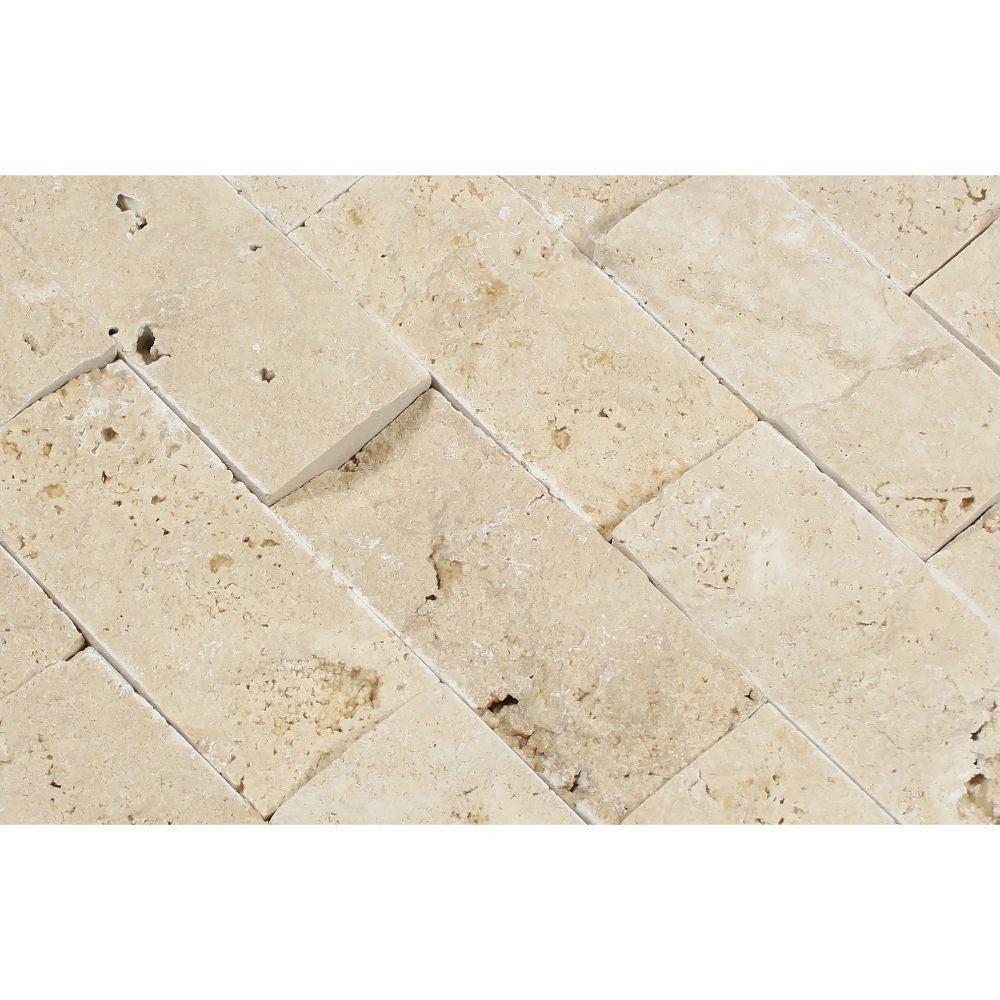 2 x 4 Split-faced Ivory Travertine Brick Mosaic Tile - Tilephile