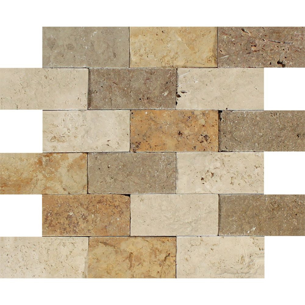 2 x 4 Split-faced Mixed Travertine Brick Mosaic Tile (Ivory + Noce + Gold) - Tilephile