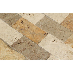 2 x 4 Split-faced Mixed Travertine Brick Mosaic Tile (Ivory + Noce + Gold) - Tilephile