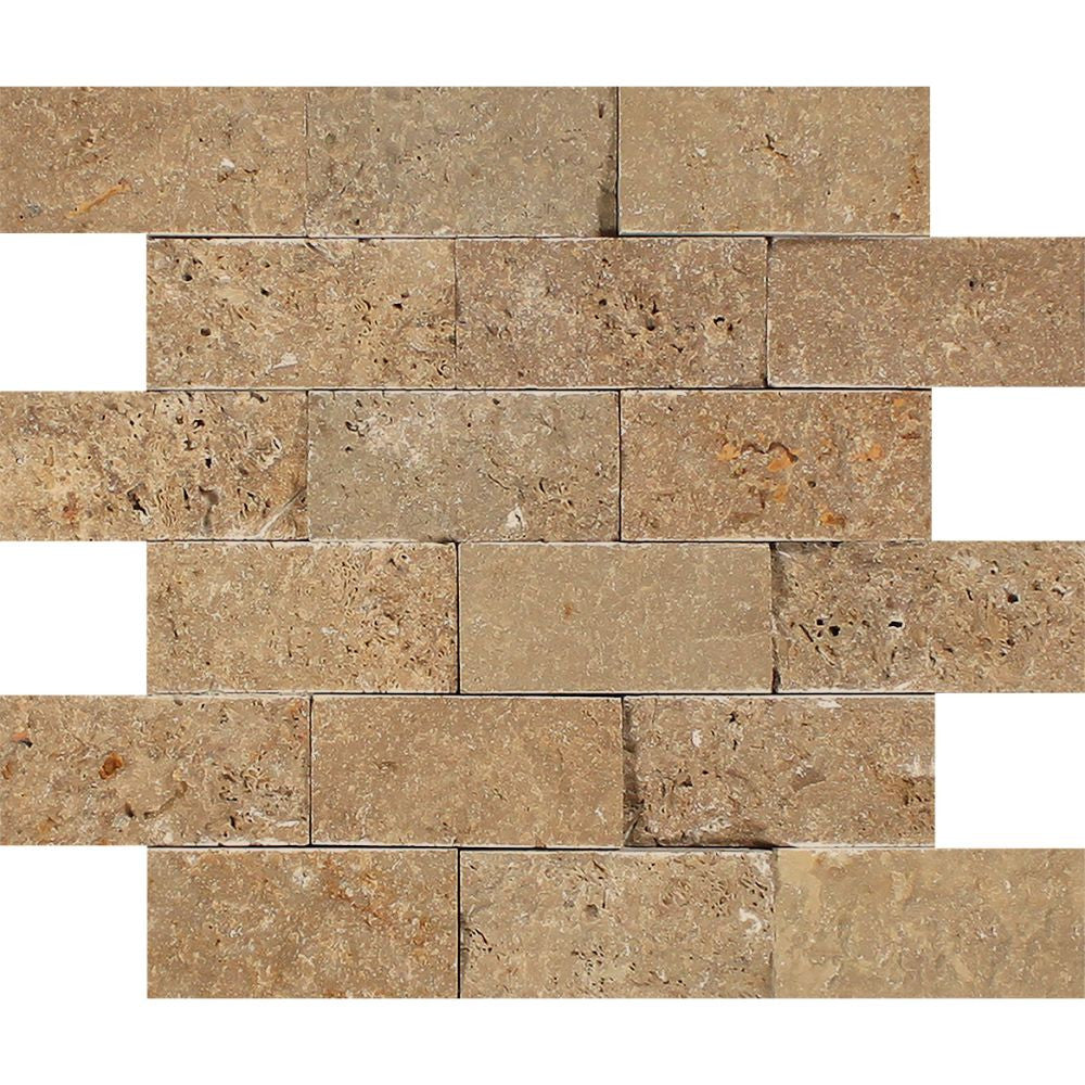 2 x 4 Split-faced Noce Travertine Brick Mosaic Tile Sample - Tilephile
