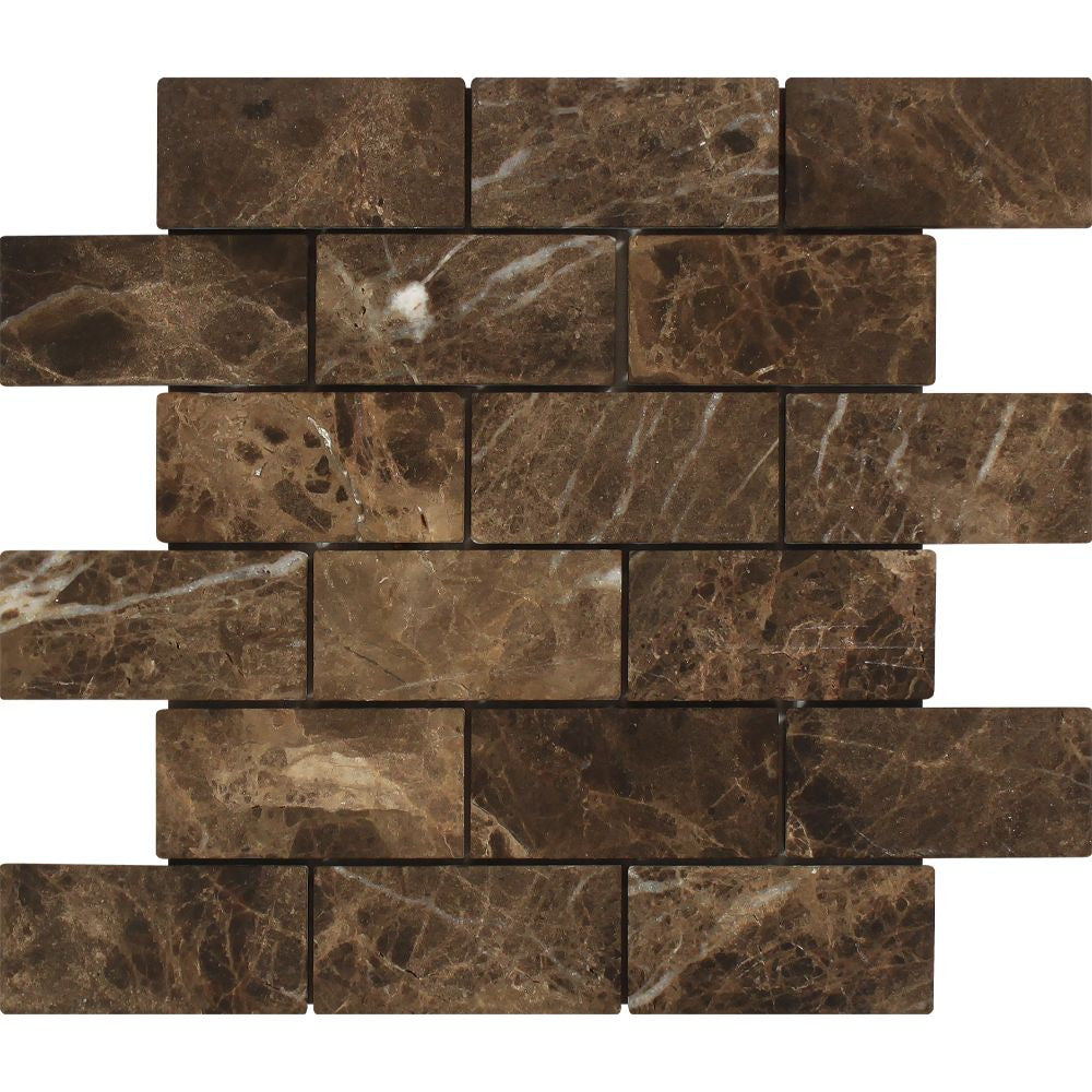 2 x 4 Tumbled Emperador Dark Marble Brick Mosaic Tile - Tilephile