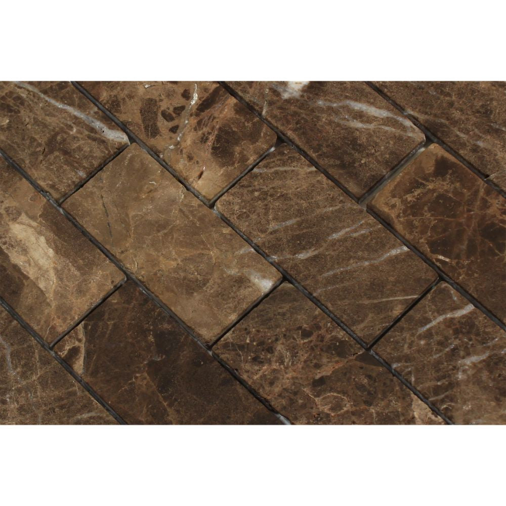 2 x 4 Tumbled Emperador Dark Marble Brick Mosaic Tile - Tilephile