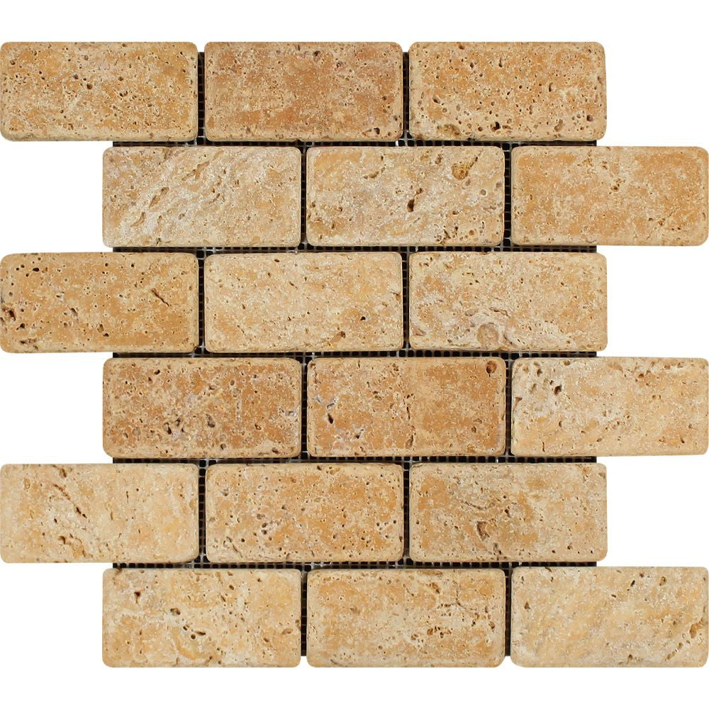 2 x 4 Tumbled Gold Travertine Brick Mosaic Tile Sample - Tilephile