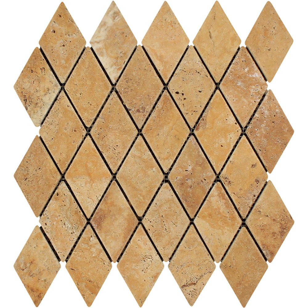 2 x 4 Tumbled Gold Travertine Diamond Mosaic Tile - Tilephile