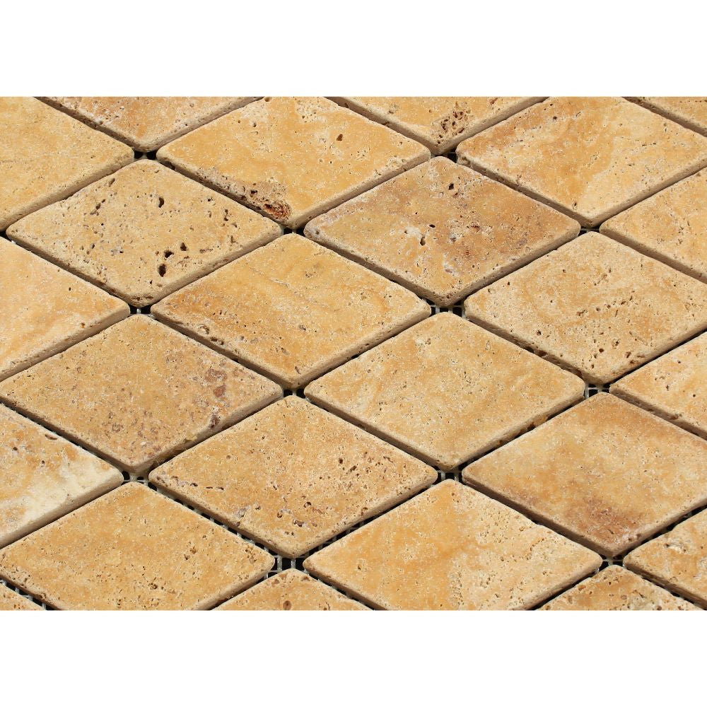 2 x 4 Tumbled Gold Travertine Diamond Mosaic Tile - Tilephile