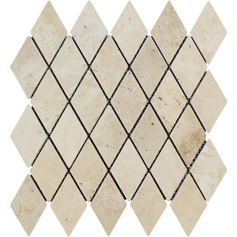 2 x 4 Tumbled Ivory Travertine Diamond Mosaic Tile - Tilephile