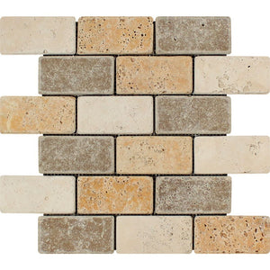 2 x 4 Tumbled Mixed Travertine Brick Mosaic Tile (Ivory + Noce + Gold) - Tilephile