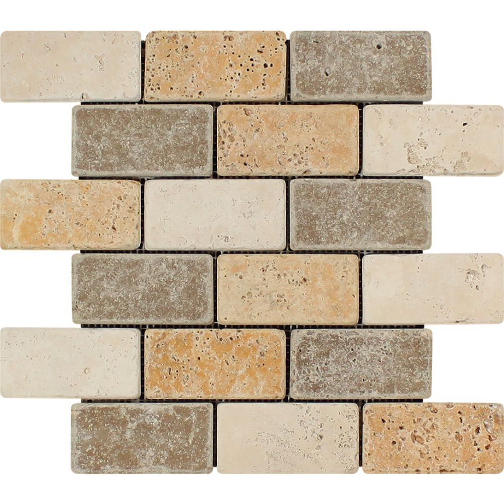 2 x 4 Tumbled Mixed Travertine Brick Mosaic Tile (Ivory + Noce + Gold) Sample - Tilephile
