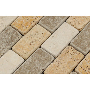 2 x 4 Tumbled Mixed Travertine Brick Mosaic Tile (Ivory + Noce + Gold) - Tilephile