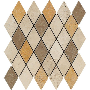 2 x 4 Tumbled Mixed Travertine Diamond Mosaic Tile (Ivory + Noce + Gold) - Tilephile