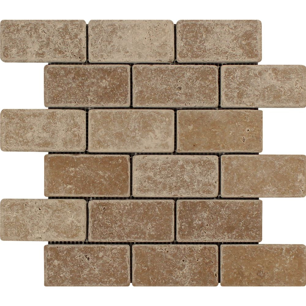 2 x 4 Tumbled Noce Travertine Brick Mosaic Tile Sample - Tilephile