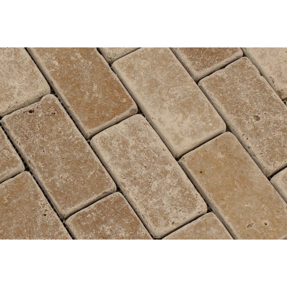 2 x 4 Tumbled Noce Travertine Brick Mosaic Tile - Tilephile