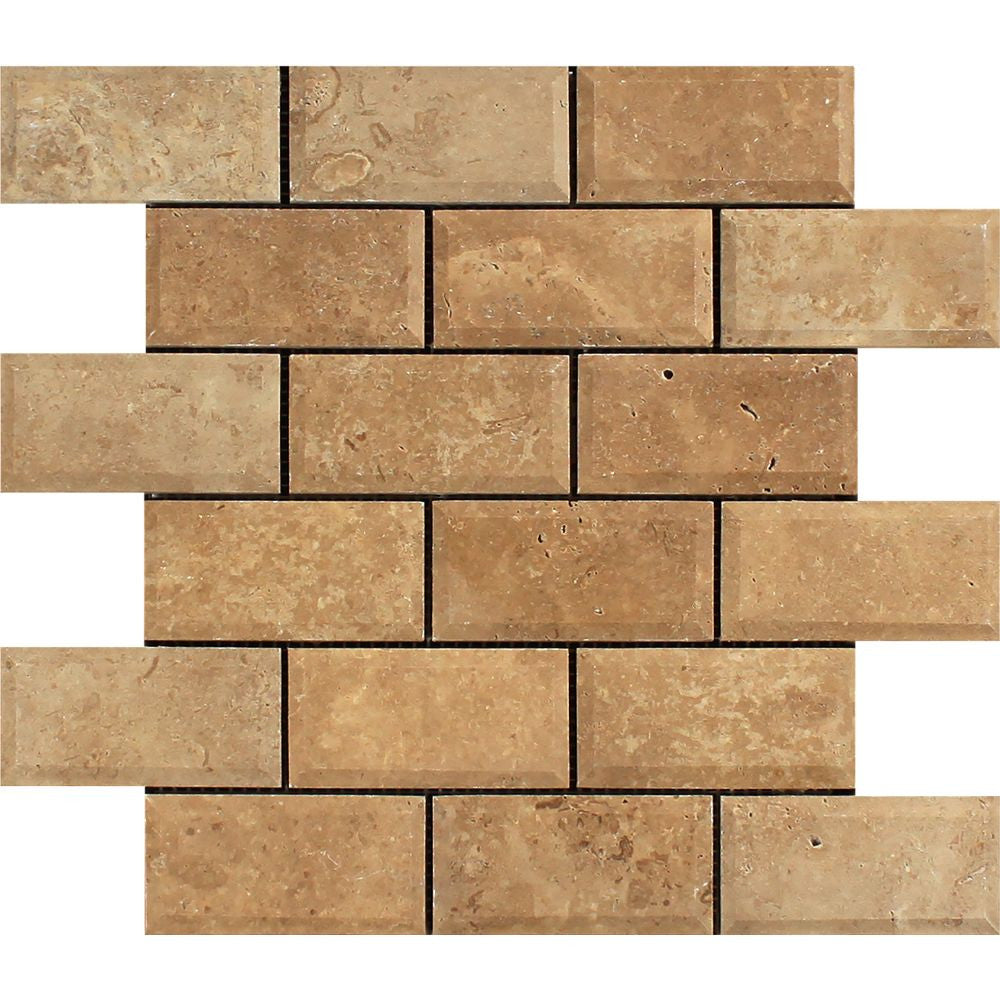 2 x 4 Tumbled Noce Travertine Deep-Beveled Brick Mosaic Tile - Tilephile