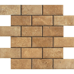2 x 4 Tumbled Noce Travertine Deep-Beveled Brick Mosaic Tile - Tilephile