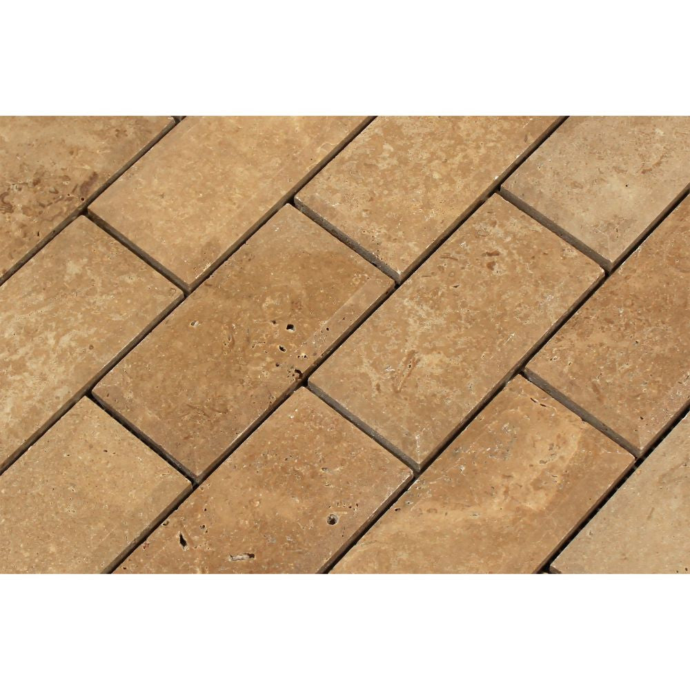 2 x 4 Tumbled Noce Travertine Deep-Beveled Brick Mosaic Tile - Tilephile